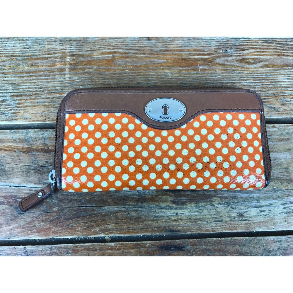 Fossil Key-Per Keyhole Orange Coated Canvas Polka Dot 7" Card Cash Zip Wallet